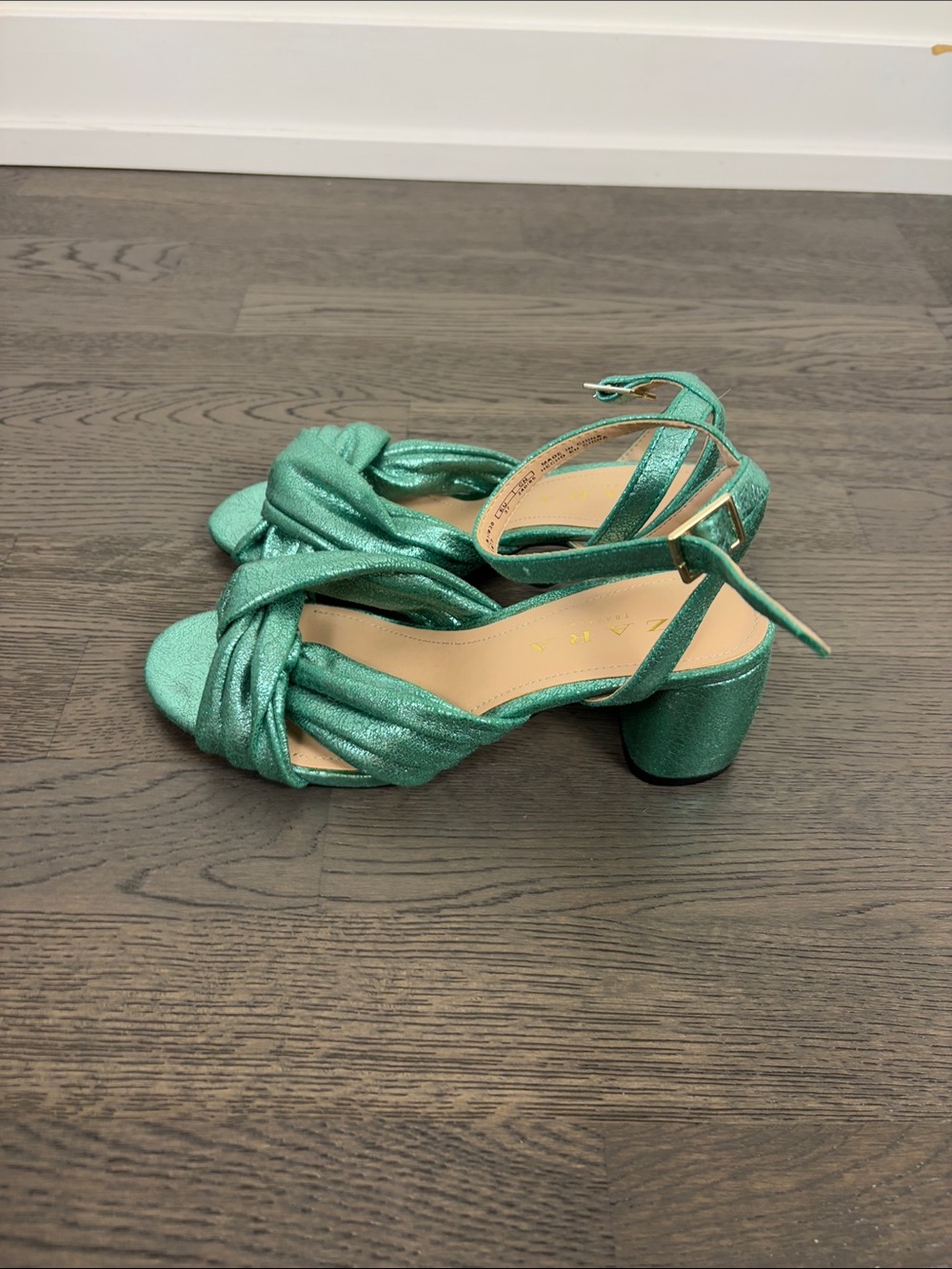 Zara Metallic Teal Knotted Open-Toe Slingback Heels